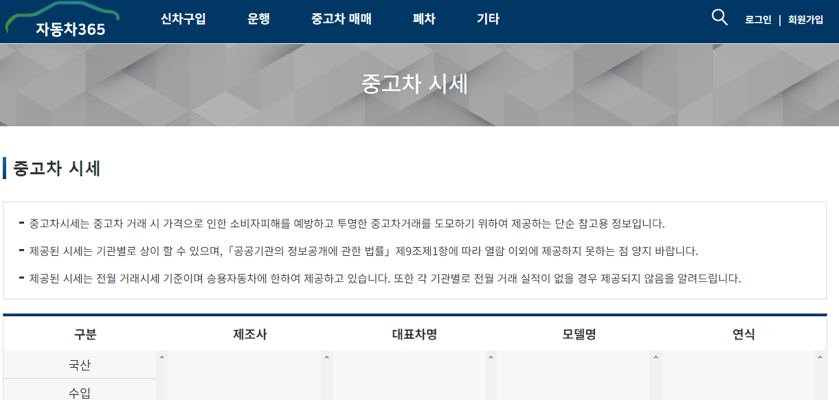 중고차 시세 조회 화면