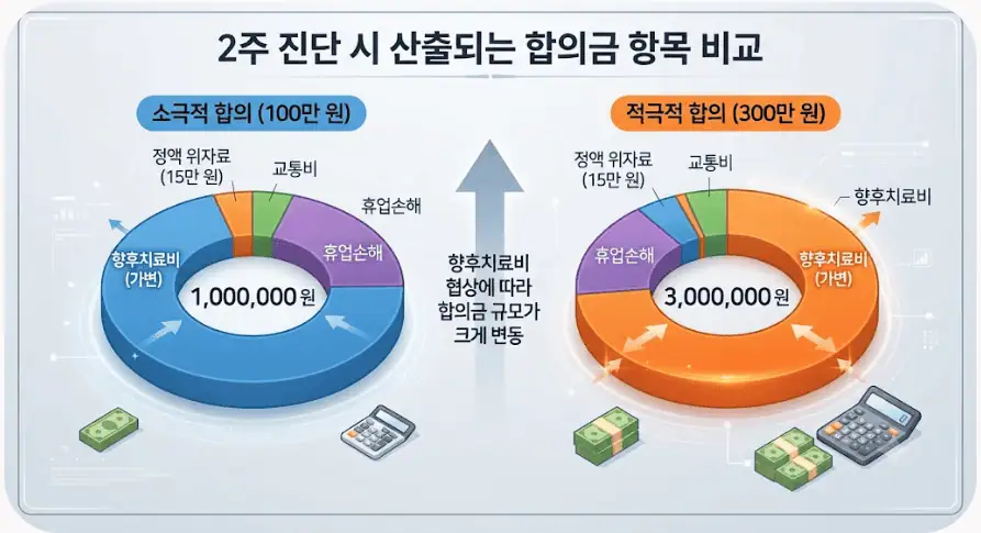 경미한 접촉사고로 상대 100% 2주 진단 합의금 많이 잘 받는 방법 2 2주 진단시 산출되는 합의금 항목 비교