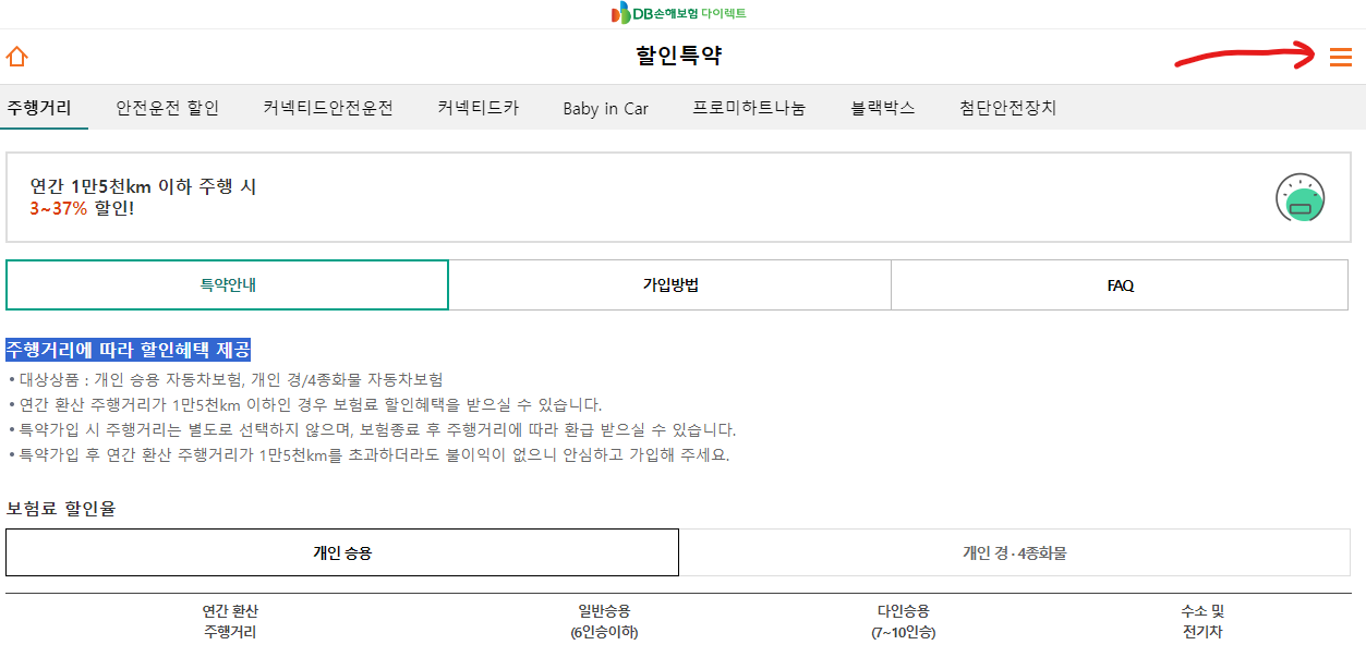 DB손해보험 주행거리 특약-DB 다이렉트 홈페이지