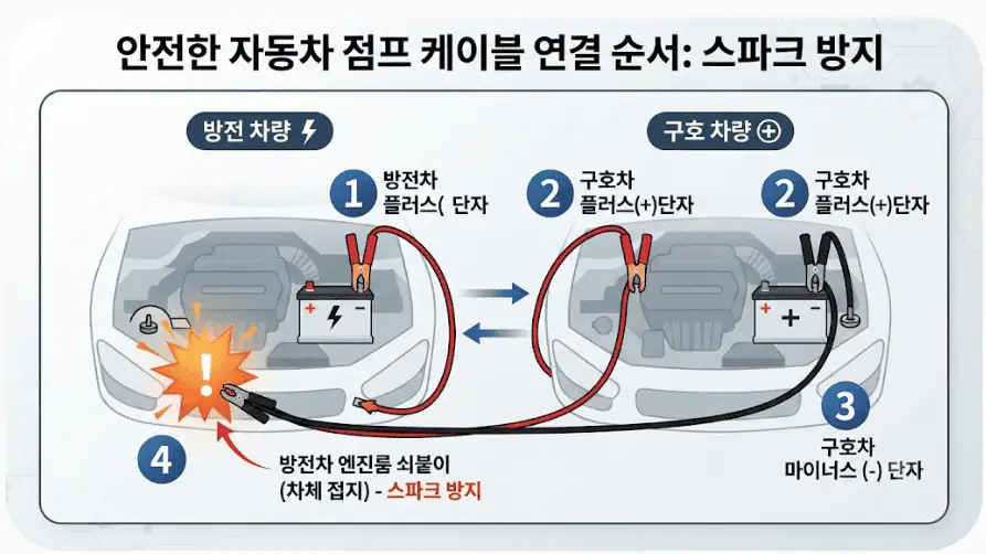 안전한 자동차 점프 케이블 연결 순서 - 스파크 방지