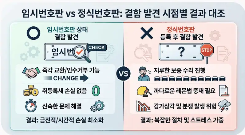 신차 인수 전 10분 필수 체크리스트! 결함차 거부 및 환불 중재 신청법 4 임시번호판 vs 정식번호판 - 결함 발견 시점별 결과 대조