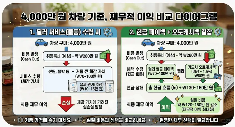 "썬팅·블박 서비스 받지 마세요" 신차 결제 전 반드시 알아야 할 오토캐시백 융합 전략 3 4,000만원 차량 기준, 재무적 이익 비교 다이어그램
