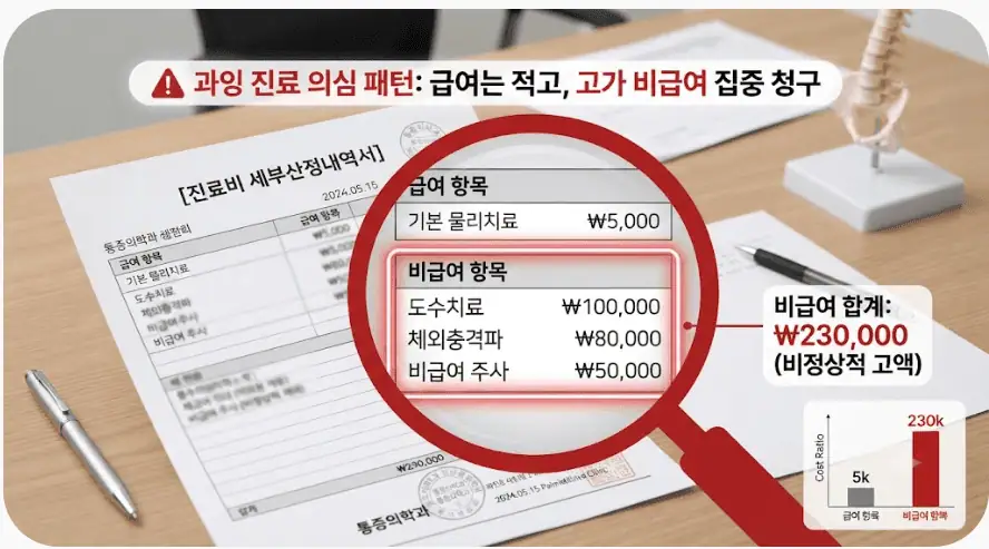 과잉진료 의심 패턴 - 급여 적고, 고가 비급여 집중 청구