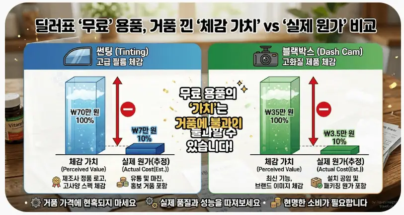 "썬팅·블박 서비스 받지 마세요" 신차 결제 전 반드시 알아야 할 오토캐시백 융합 전략 2 딜러표 무료 용품, 거품낀 체감 가치 vs 실제 원가 비교
