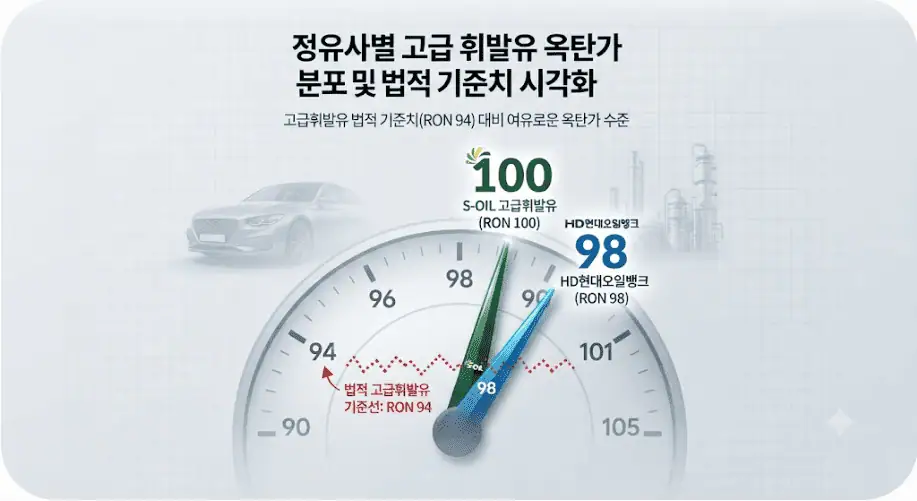 정유사별 고급 휘발유 옥탄가 분포 및 법적 기준치