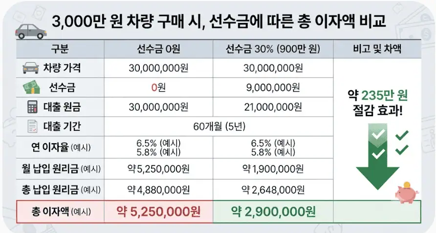 3,000만원 차량 구매시, 선수금에 따른 총 이자액 비교