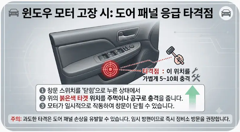 윈도우 모터 고장시 - 도어 패널 응급 타격점