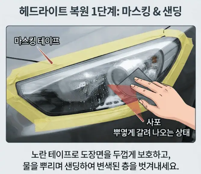 누렇게 변색된 헤드라이트, 단돈 2만원으로 1년 이상 새것처럼 복원하는 법 2 헤드라이트 복원 1단계-마스킹 & 샌딩