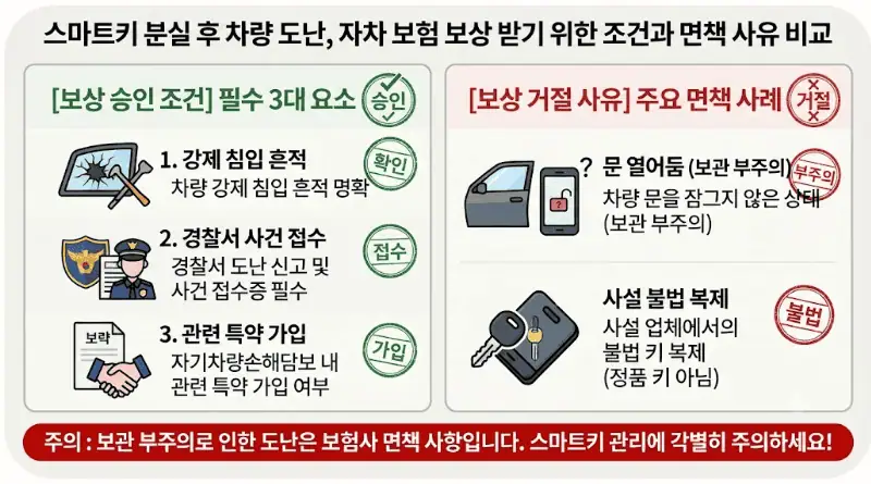 스마트키 분실? 3시간 이내에 해야 할 도난 방지법 & 재발급 총정리 2 스마트키 분실후 차량 도난, 자차 보험 보상 받기 위한 조건과 면책 사유 비교