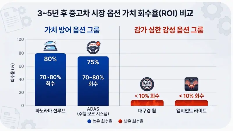 3~5년 후 중고차 시장 '옵션 가치 회수율(ROI)' 비교