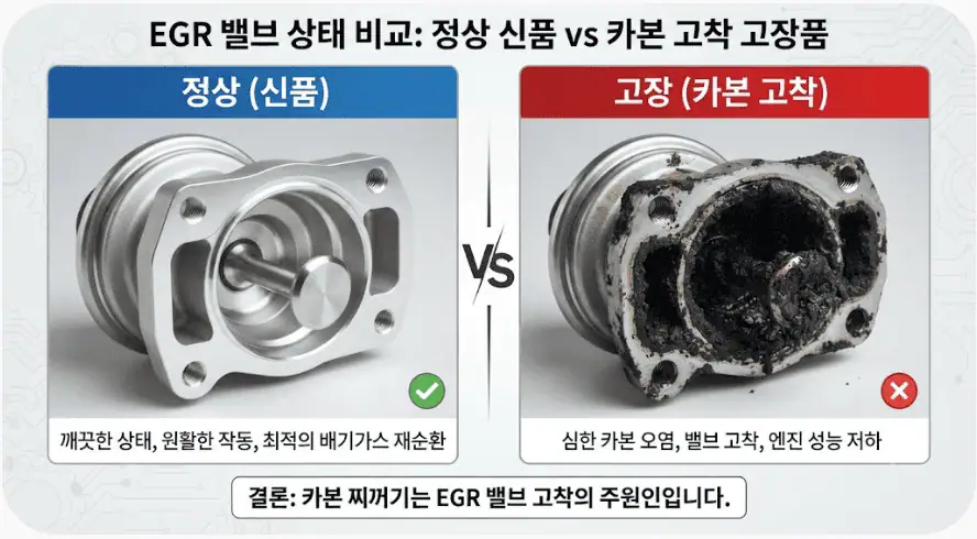 EGR 밸브 상태 비교 - 정상 신품 vs 카본 고착 고장품