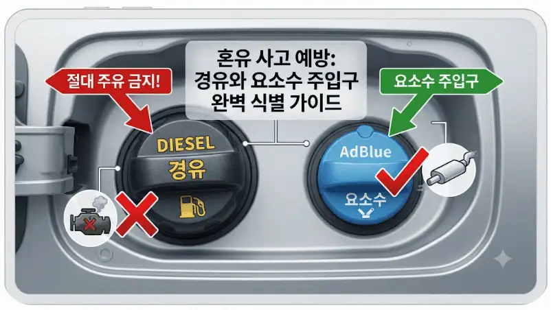 디젤차 요소수 실수 주의! 시동불능 만드는 실수 7가지 2 혼유 사고 예방-경유와 요소수 주입구 식별