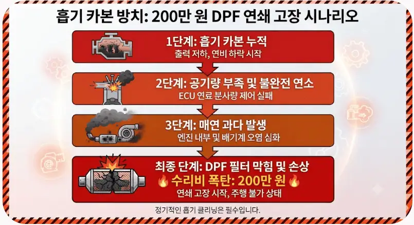 자동차 매연 검사 불합격 1순위, 디젤 흡기 카본 클리닝 15만원 방어법 3 흡기 카본 방치 - 200만원 DPF 연쇄 고장 시나리오