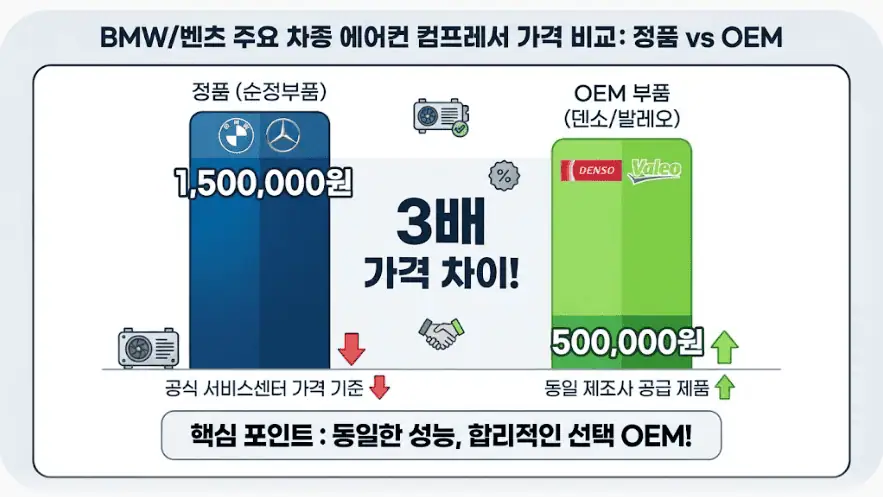 수입차 컴프레서 교체비용 눈탱이 방어! 정품 vs 재생(리빌트) 부품 선택 실전 가이드 2 BMW, 벤츠 주요 차종 에어컨 컴프레서 가격 비교 - 정품 vs OEM