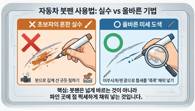 차량 도어 스크래치 셀프 복원 - 5만원으로 끝내는 방법 3 자동차 붓펜 사용법-실수 vs 올바른 기법