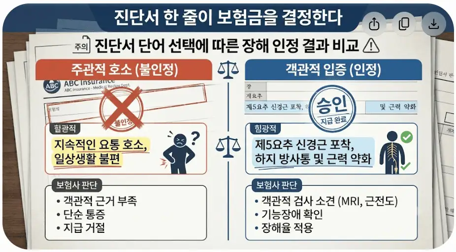 진단서 단어 선택에 따른 장해 인정 결과 비교