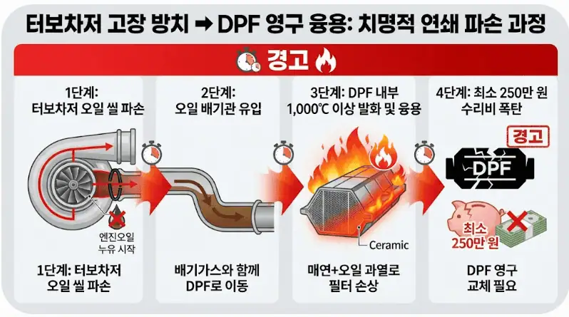 출력 저하 느꼈다면? 디젤차 터보차저 고장 증상, 수리비 눈탱이 방어법 2 터보차저 고장방치 - DPF 및 치명적 연쇄 파손 과정
