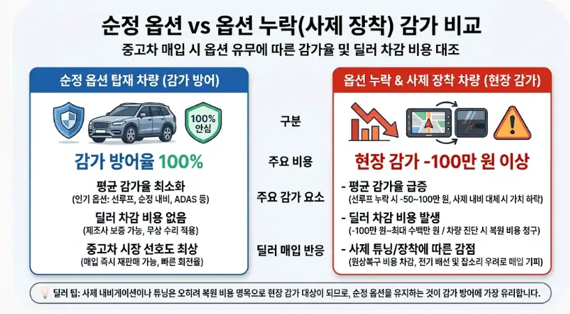 순정 옵션 vs 옵션 누락 (사제 장착) 감가 비교