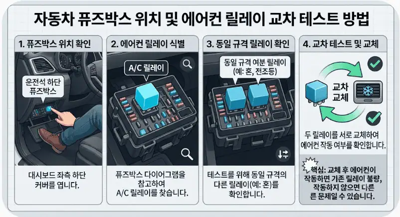 자동차 에어컨 찬바람 안 나올 때 수리비 50만원 방어하는 셀프 점검 7단계 2 자동차 퓨즈박스 위치 및 에어컨 릴레이 교차 테스트 방법