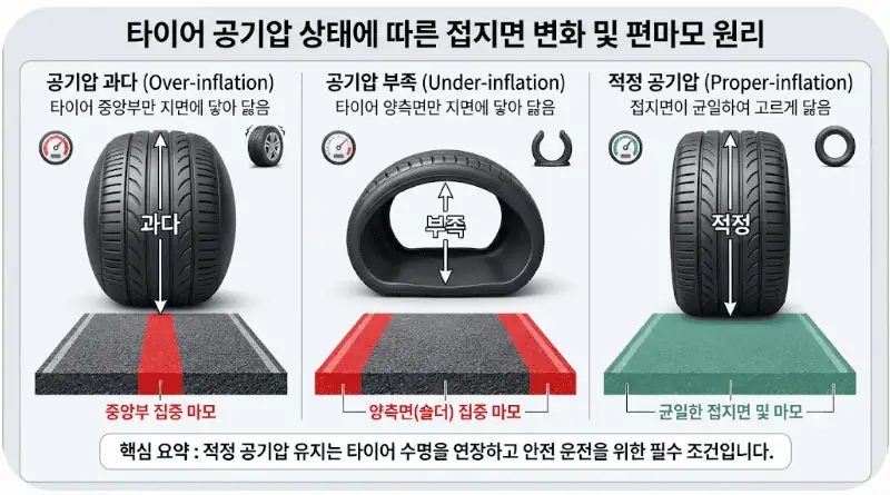 타이어 공기압 상태에 따른 접지면 변화 및 편마모 원리