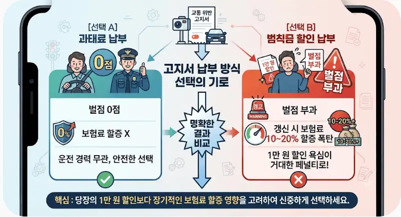 고지서 납부 방식(과태료 vs 범칙금)에 따른 갱신 보험료 할증 영향 비교
