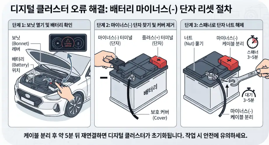 디지털 클러스터 오류 발생 시 배터리 마이너스(-) 단자 분리 자가 리셋 절차