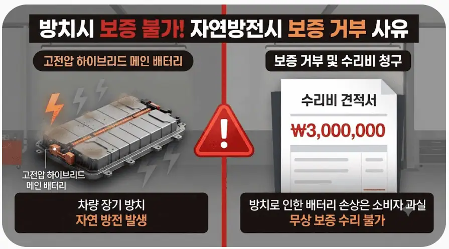 장기 주차 전 필수! 하이브리드 메인 배터리 사망 막는 3가지 행동 요령 2 방치시 보증 불가! 자연방전시 보증 거부 사유