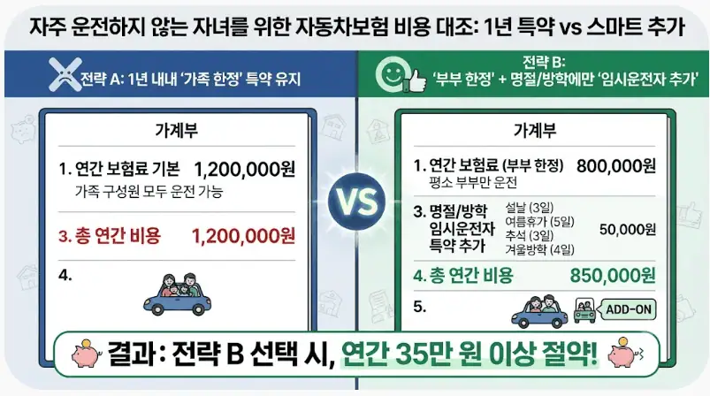 자주 운전하지 않는 자녀를 위한 자동차보험 비용 대조 - 1년 특약 vs 스마트 추가