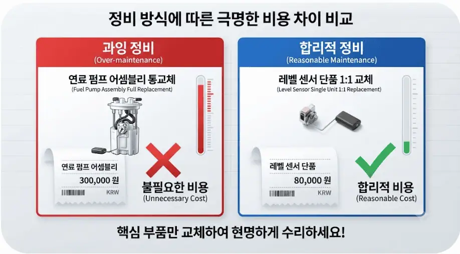 연료 게이지 고장시 확인해야 할 부품 3가지 – 부품별 진짜 수리비 팩트체크 2 정비 방식에 따른 극명한 비용 차이 비교