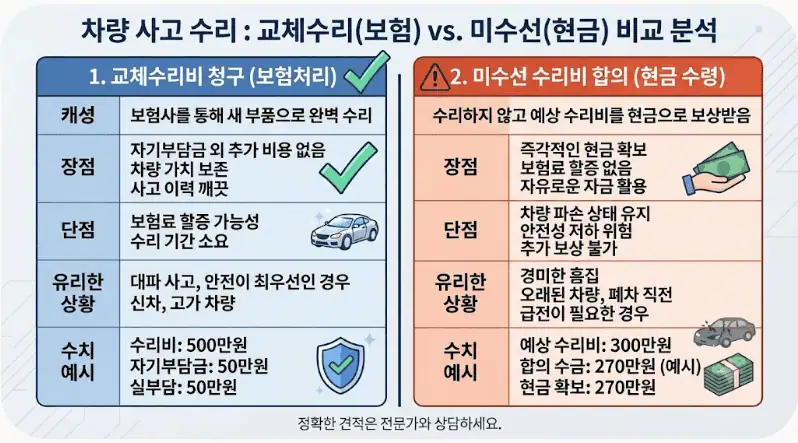 차량 사고수리 - 교체수리(보험) vs 미수선(현금) 비교 분석