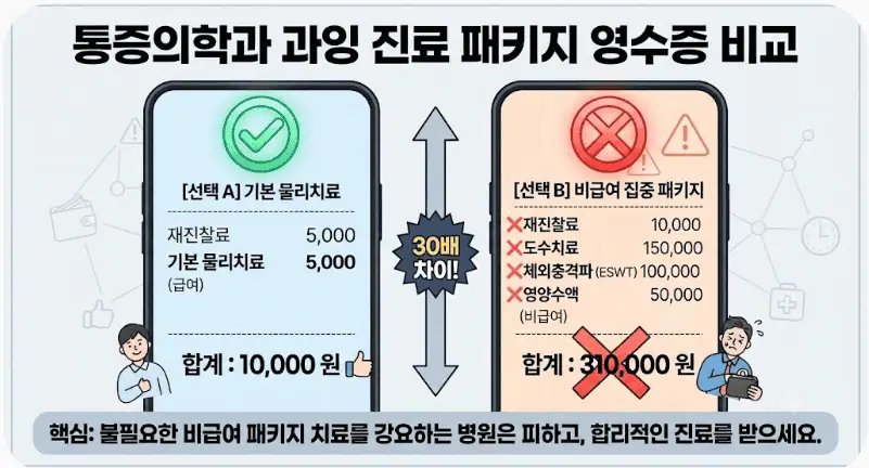 통증의학과 갔다가 도수치료 10회 결제? 과잉진료 호구 피하는 3가지 팩트체크 2 통증의학과 과잉 진료 패키지 영수증 비교