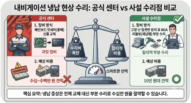 내비게이션 화면 먹통? 브랜드별 리셋 버튼 위치와 복구 방법 2 내비게이션 냉납 현상 수리-공식 센터 vs 사설 수리점 비교