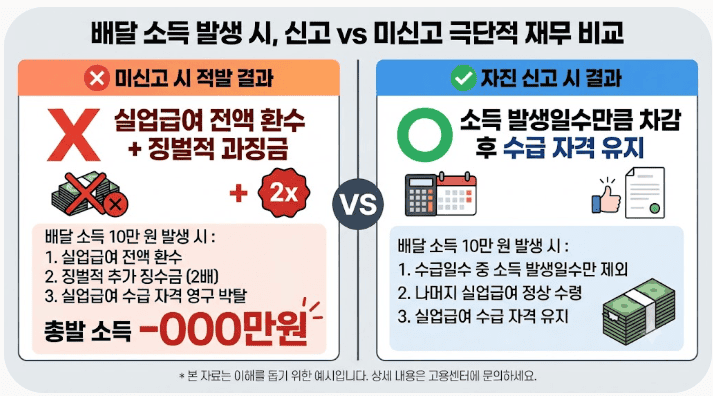 실업급여 받으면서 배달·탁송 투잡? 단 1건에도 환수당하는 적발 시스템의 진실 3 배달 소득 발생시, 신고 vs 미신고 극단적 재무 비교