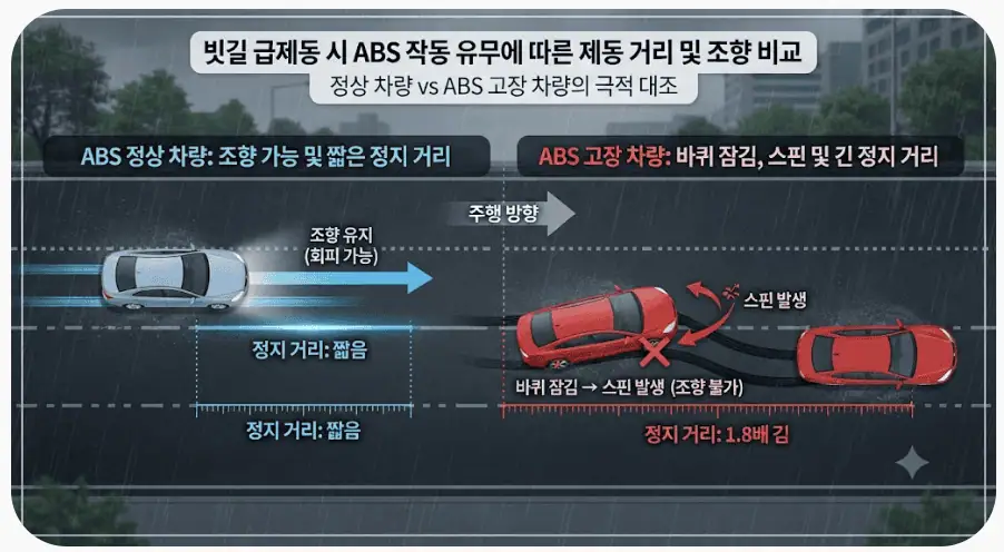 빗길 급제동시 ABS 작동 유무에 따른 제동거리 및 조향 비교