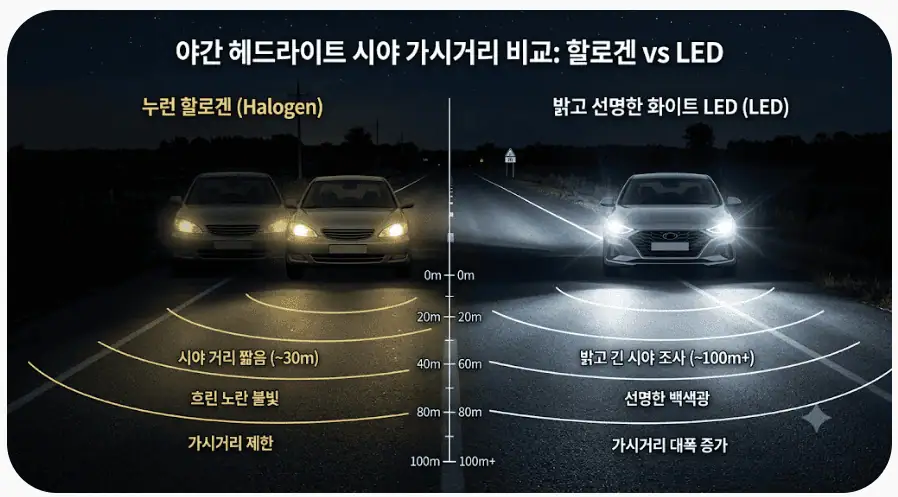 야간 헤드라이트 시야 가시거리 비교 - 할로겐 vs LED