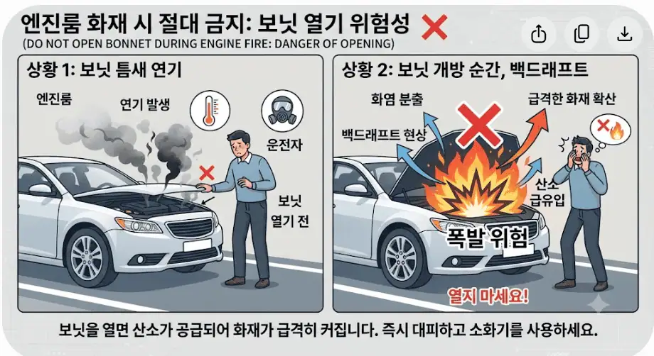 운전중 차에서 연기난다면? 색깔별 원인과 가장 먼저 해야 할 행동 요령 2 엔진룸 화재 시 잘못된 대처(보닛 열기)의 위험성