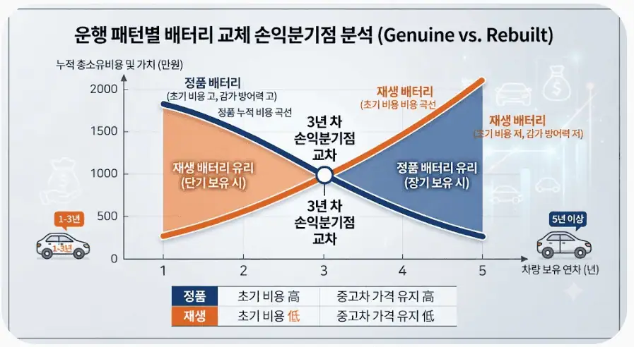 하이브리드 재생 배터리 vs 정품 교체, 150만원 수리비 차이의 진실 3 운행 패턴별 배터리 교체 손익분기점 분석