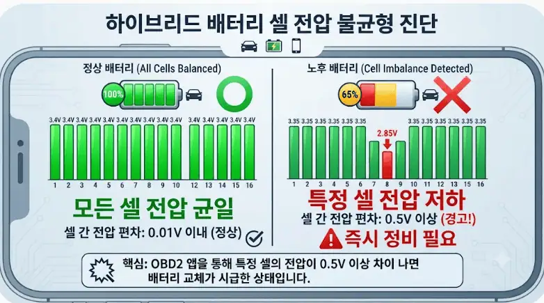 하이브리드 중고차, 배터리 상태 10분 만에 셀프 점검하는 방법 2 하이브리드 배터리 셀 전압 불균형 진단