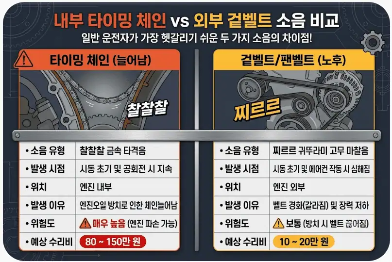 내부 타이밍 체인 vs 외부 겉벨트 소음 비교