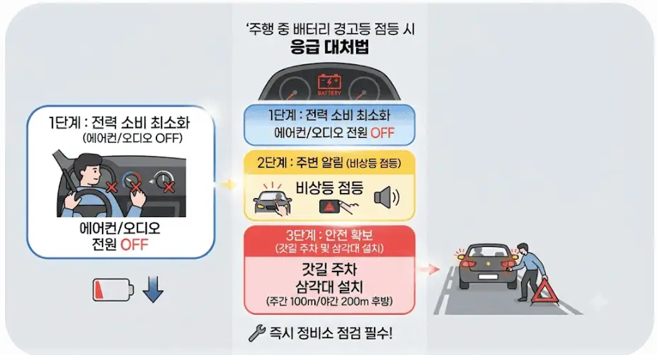 주행중 배터리 경고등 켜졌을 때, 갓길 정차전 꼭 확인해야 할 3가지 4 령주행중 배터리 경고등 점등시 응급 대처법