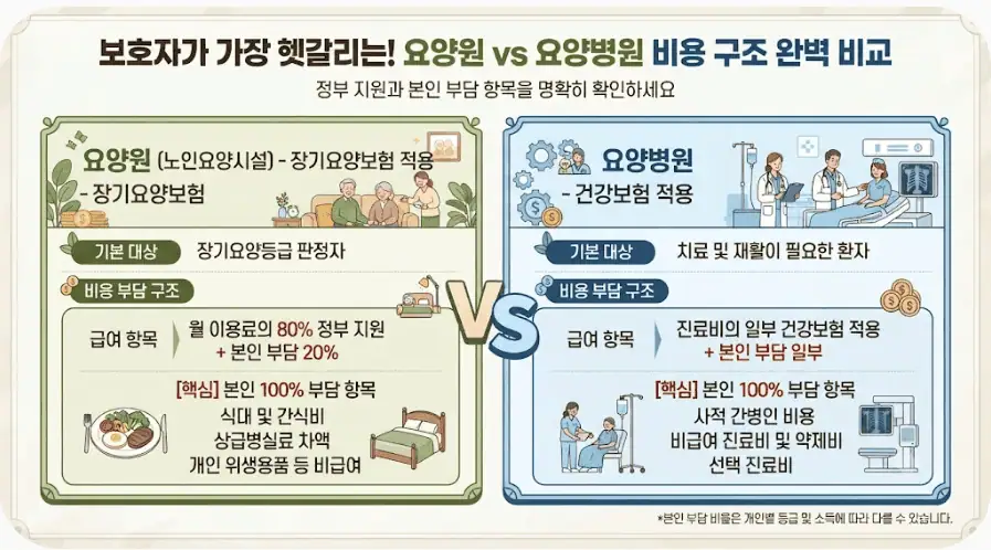 보호자가 가장 헷갈리는 요양원 vs 요양병원 비용 구조 완벽 비교