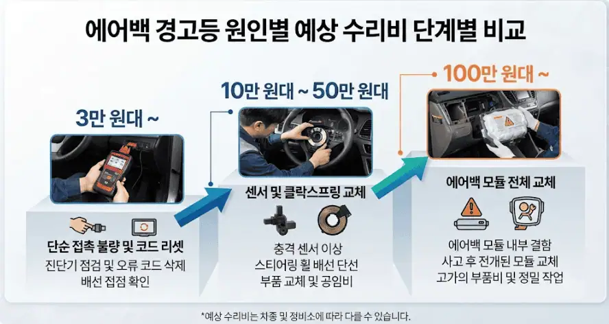 에어백 경고등, 정말 에어백 고장일까? 모듈 교체 전 수리비 90% 아끼는 가장 흔한 원인 3가지 팩트체크 3 에어백 경고등 원인별 예상 수리비 단계별 비교