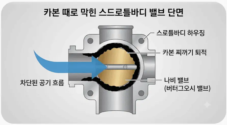 카본 때로 막힌 스로틀바디 밸브 단면