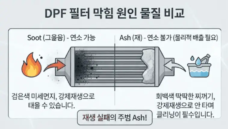 DPF 강제재생 실패했다면? 눈탱이 피하는 DPF 클리닝 비용과 방법 총정리 2 DPF필터 막힘 원인 물질 비교