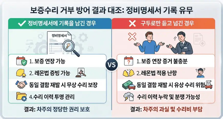 보증수리 거부 방어 결과 대조-정비명세서 기록 유무