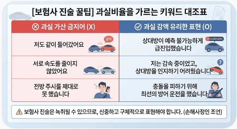 나도 깜빡이 켰는데 왜 내가 가해자야? 억울한 차선변경 사고 과실 뒤집는 법 3 보험사 진술 꿀팁 - 과실비율을 가르는 키워드 대조표