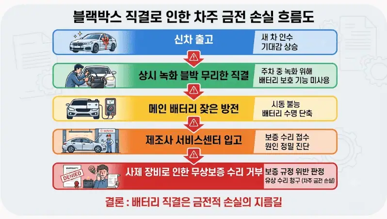 "썬팅만 두 번 바꿨어요" 신차 차주 80%가 후회하는 첫 달 돈 낭비 TOP 5 2 블랙박스 직결로 인한 차주 금전 손실 흐름도
