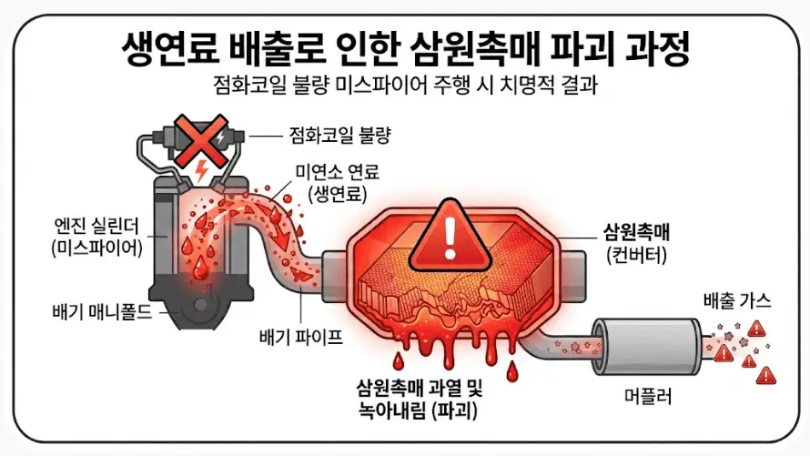 시동은 걸리는데 RPM이 왔다갔다 불안정할 때, 연료·점화 문제 구별과 조치법 3 생연료 배출로 인한 삼원촉매 파괴 과정