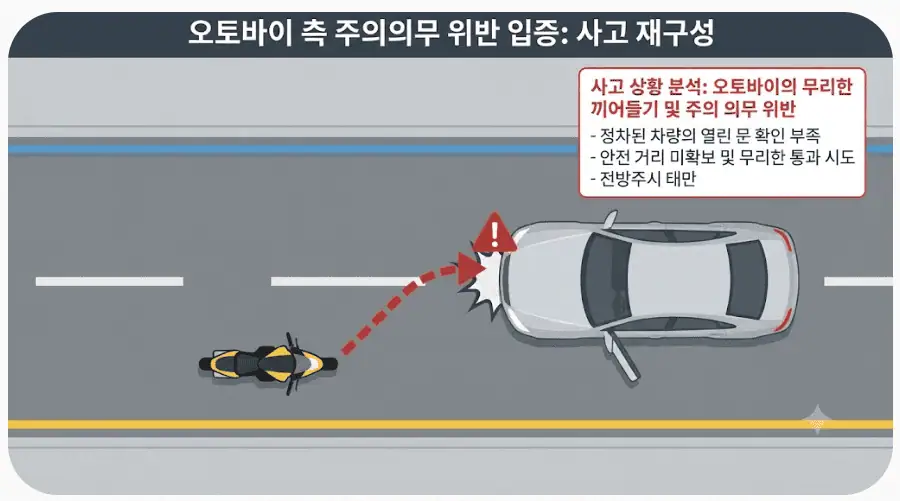 오토바이측 주의의무 위반 입증 - 사고 재구성