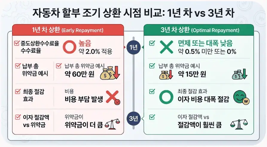 자동차 할부 조기 상환 시점 비교 - 1년차 vs 3년차